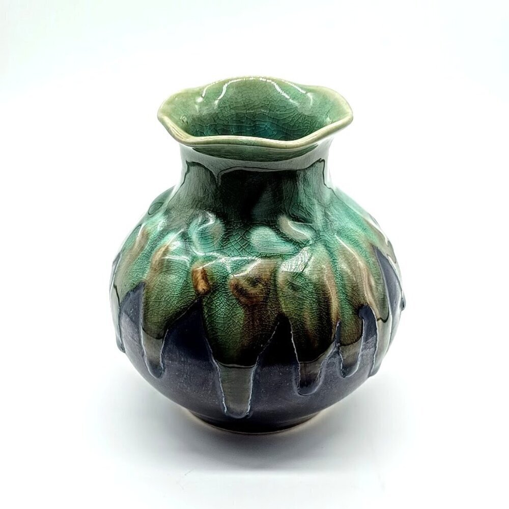 Vietnamese Hand-Crafted Drip Glazed Ruffle Rim Ceramic Vase